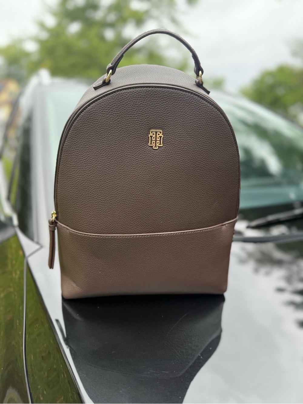 Tommy Hilfiger Brown Leather/(like)Top-Handle Backpack with Gold Logo